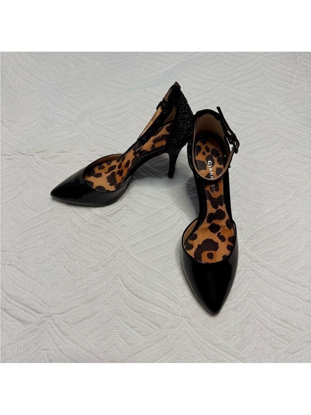 Gianni Binni Women’s Black Patent Leather Black Crystal Heels. Size 8.5